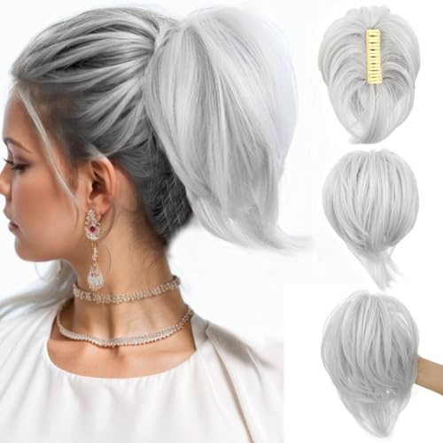 SECPOCPONY Claw Clip in Ponytail Extensions Short Hair Pieces for Women Messy Fake Bun Style Hairpieces (White)