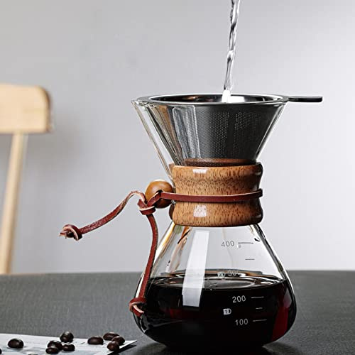 Phefop Caffettiera Pour Over con Filtro a Doppio Strato e Manicotto in Legno per la Preparazione Casalinga di una Caffettiera da 13,5 Once