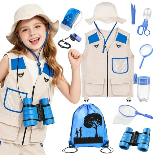 Xerteam Explorer Costume Kids, 11Pcs Safari Costume Paleontologist Costume with Explorer Hat, Vest, Binoculars, Butterfly Net, Outdoor Children's Camping Equipment for 3-10 Year Old Boys, Toy Gift
