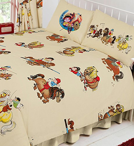 thelwell Double Bed, Duvet/Quilt Cover Set, Novelty Kids Horses Equestrian Riding, Cream Red Brown Yellow Green Multi