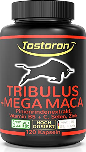 TOP TESTO¹ TRIBULUS mit ¹Zink, trägt zum Erhalt eines normalen TESTOSTERONSPIEGELS im Blut bei - hochdosiert + MEGA MACA - 120 Kapseln - Pinienrinden Extrakt, Vitamin C + B5, Selen - 1 Dose = 1x100g