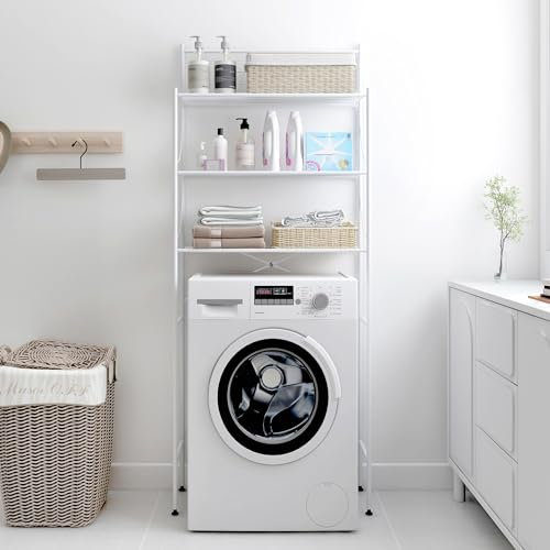 MALLBOO Waschmaschinenregal ohne Bohren 3 Ebenen Badezimmerregal, Edelstahl Toilettenregal,Platzsparender Badezimmerträger（Weiß）