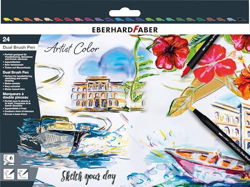 Eberhard Faber 558224 Artist Colour Sketch Marker Set with 24 Colours, Fibre-Tip Pens with Double Tip, in Cardboard Case, for Drawing, Sketching and Illustration, Various Colours