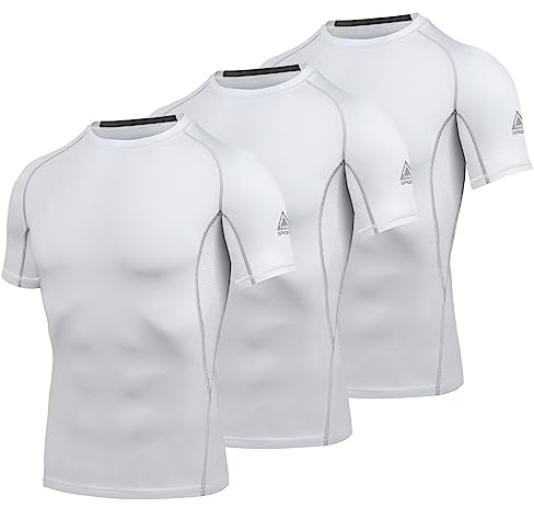 AMZSPORT Herren Kompressionsshirt Kurzarm Funktionsshirts Cool Dry Training Running Top, 3Weiß-M