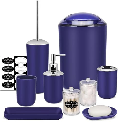 IMAVO Bathroom Accessory Set - 8 Pcs Blue Accessories with Trash Can, Soap Dispenser, Soap Dish, Toothbrush Holder, Toilet Brush Holder, Qtip Dispenser