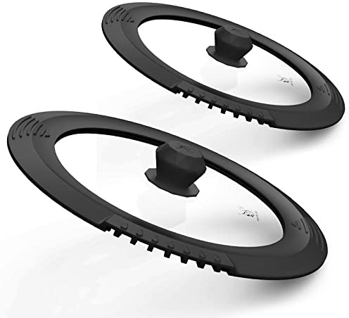 Tempered Strainer Lid for Stockpot, Pasta, Soup Pots with Heat Resistant Silicone Rim - Universal Pan Lid with Pour Spout - Water, Oil Safe - Microwave Safe - Fit 6.5-12 inch - Black