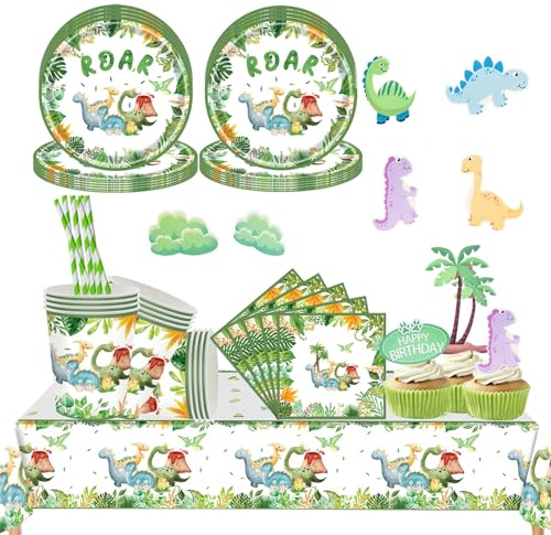 Aszaui 105 Stück Dino Geburtstag Deko Geschirrset,Dino Party Kindergeburtstag,Dinosaurier Partygeschirr Set Dino Thema Partyzubehör Zubehör Geburtstagsfeier Kinder für 20 Gäste