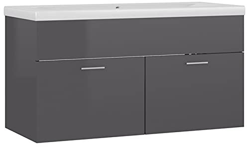 Gecheer Mueble de baño, suspendido, con lavabo, integrado, multicapa, gris brillante, 90 cm, mueble bajo lavabo suspendido moderno, armario bajo lavabo suspendido moderno con lavabo blanco