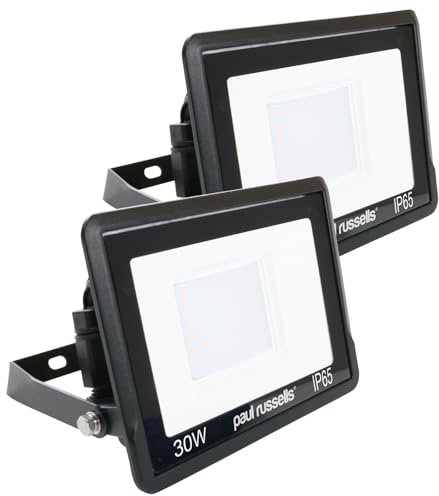 paul russells 30W LED Outdoor Floodlight - 3000LM Bright Security Lights, IP65 Waterproof, Daylight 6500K White, Garden & Outdoor Wall Lights for Garden, Garage, Warehouse, Energy-Efficient, 2 Packs