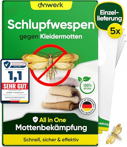 anwerk® Schlupfwespen gegen Kleidermotten - 5 Karten à 1 Lieferungen - Effektiv Kleider Motten bekämpfen - Alternative zur Mottenfalle, Mottenspray, Pheromonfalle