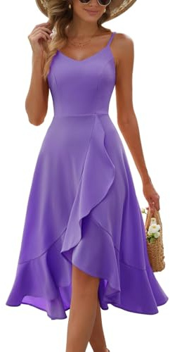 DRESSTELLS Robe de Cocktail Femme Festive Bretelles Hautes Robes Violet pour Mariage Mi-Longues Ourlet Ruffle Robe d'été Boho Elégante Robe de Fête Lavender S