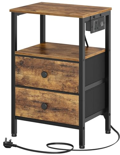 YATINEY Bedside Table with Charging Station, End Table with 2 Drawers and 2 Shelves, Nightstand with Outlet and USB Ports, Industrial Side Table for Living Room, Bedroom, Rustic Brown XET02KBRY1