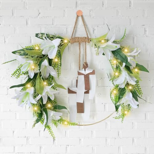 Couronne de Pâques de 35 cm avec croix en bois, couronne de lys de Pâques artificielle, décoration de porte d'entrée, couronne de Pâques, couronne décorative murale avec lumière LED, cadeau de Pâques