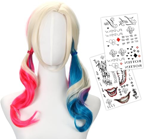 Quinn Cosplay Perücke, Rosa Blaue Perücke Quinn Kostüm Zubehör, Doppelter Schwanz Damen Perücke mit Tattoos, Filmheldin Cosplay Perücke für Damen Mädchen Karneval Halloween Cosplay Party