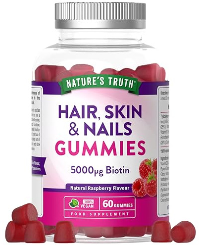 Hair, Skin, Nails Gummies | 5000µg Biotin, Vitamin C, E, Zinc, Iodine & More | Beauty Vitamins | for Women & Men | 60 Raspberry Gummies | Vegan | Nature's Truth