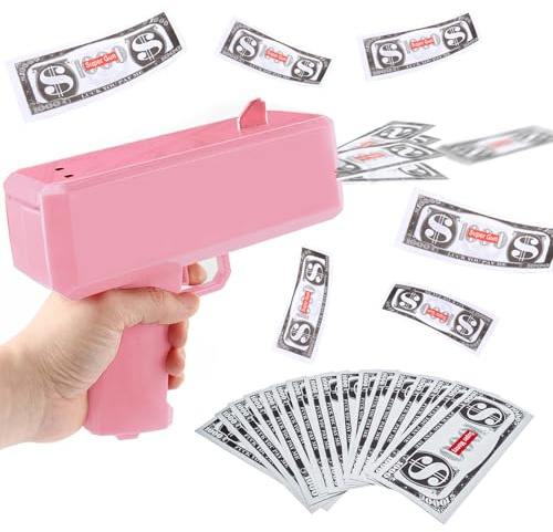 Silkwish Money Gun med 100 kontantsedlar – Pengarpistol – leksakspistol för att spraya spelfilmer och fester – skjuttillbehörspistol falska pengar – rosa