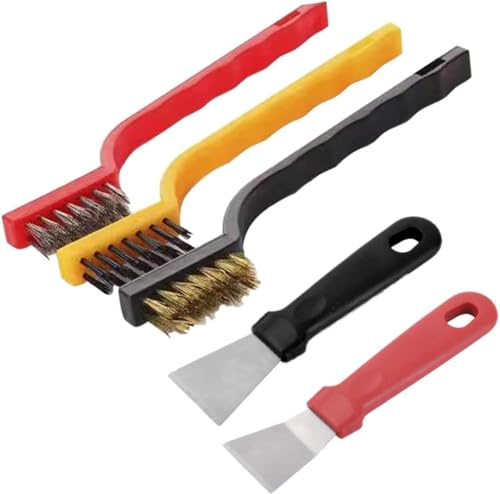 Set di 5 spazzole per la pulizia dei fornelli da cucina + raschietto, raschietto resistente per bruciatori a gas, pentole, padelle, ottone, acciaio inossidabile e nylon, spazzole per cappa, accessori