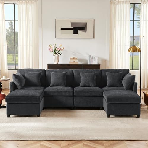 Soweiz Sofá moderno de chenilla con reposapiés extraíble, sofá de cuatro plazas, sofá de esquina en forma de L, sofá en forma de U, modular, adecuado para sala de estar, apartamento, etc, 278x161x81cm