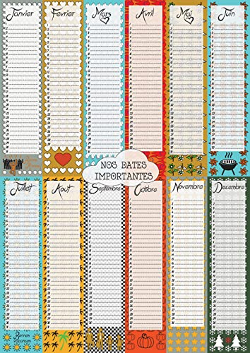 Calendrier perpétuel | Poster Dates importantes & Anniversaires illustré | Affiche multicolore inscriptible | Idée cadeau de fête personnalisé | Décoration murale Format A3