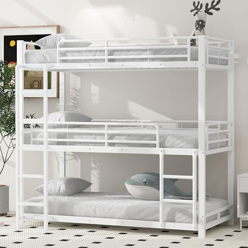Huayz Letto in metallo, 90 x 200 cm, letto in ferro, letto a castello, tripla a castello, per bambini, ragazzi e adulti, senza materasso (bianco)
