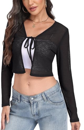 PrinStory Ladies Shrugs Long Sleeves Summer Cardigan for Women Open Front Crop Top Soft Tie Front Lightweight Bolero Outwear (Basic Black Ink, M)