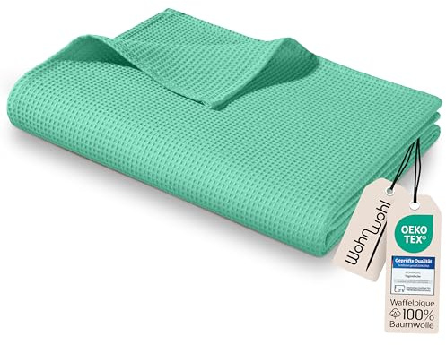 WOHNWOHL® Coperta leggera in cotone waffle piqué (150x200 cm) • Plaid estivo 100% cotone • Coperta da divano leggera • Facile da lavare • Copriletto decorativo • Colore: Verde menta