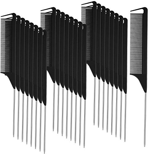 Patelai 30 Pcs Rat Tail Combs Bulk Steel Pin Rat Tail Carbon Fiber Heat Resistant Teasing Combs Fine Tooth Pintail Braiding Hair Tools for Stylists Salon Sectioning Detangling(Black, Silver)