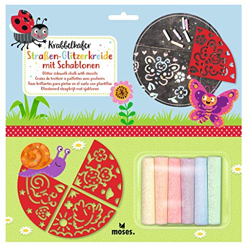moses. Krabbelkäfer Straßen-Glitzerkreide mit Schablonen l Kinder Kreide Set in 6 l Inklusive 4 Schablonen mit süßen Motiven, 1 Stück (1er Pack)