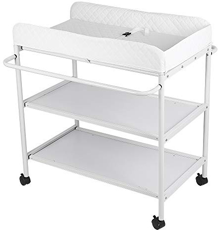 Table à Langer à Roulettes, Table à Langer Bebe Mobile, Commode à Langer pour Bébé avec 2 Étagères, Ceinture de Sécurité (84 * 72 * 90cm, Blanc)