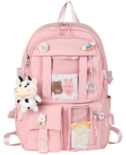 HORHEAR Rucksack Kawaii mit niedlichen Pin Zubehör, Kawaii Plüsch Spielzeug Tier Pin und Cartoon Karte, Kawaii Backpack, Schulrucksack(Style2-Rosa)
