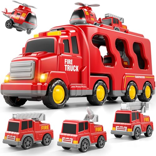 Bennol 5-in-1 Fire Trucks Toy Set for Boys Age 1-3 3-5 Fire Car Truck for Toddlers 1 2 3 4 5 6 Years Old Christmas Birthday Gift Car Sets with Light Sound