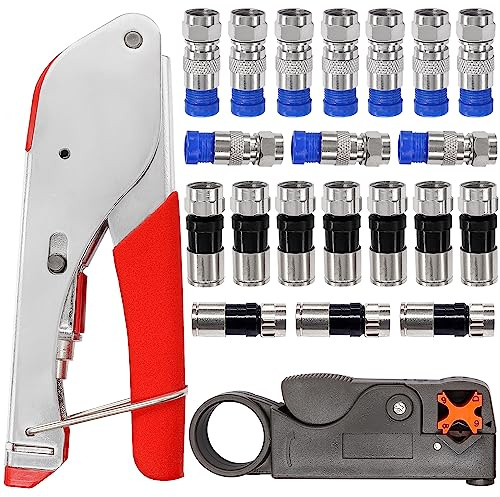 Taiss Coax Cable Crimper Tool Kit with 20 PCS F Style RG59 RG6 Compression connectors,Coaxial Cable Stripper,Coaxial Cable Compression Tool Kit,coaxial cable crimper