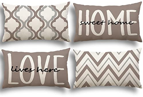 YCOLL Federe Cuscini Divano 30 x 50 Set di 4, in Lino, da Esterno, Decorativi Motivo Geometrico, Soggiorno Letto Copricuscino Cachi 30 x 50