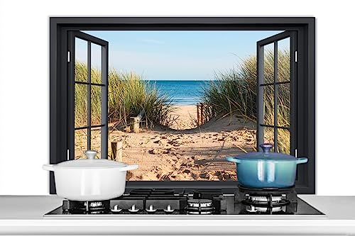 KitchenYeah© Küchenrückwand Platte Spritzschutz Küche Deko Aluminium Platte Spritzschutz Herd Alternative für GlasplatteDurchblick - Strand - See - Sand - Wasser - Strandhafer - Dune - 100x65 cm