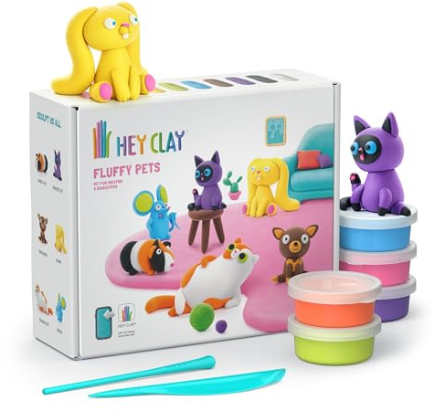Hey Clay Animali pelosi - Massa per modellare 15 barattoli - Artigianato per bambini 3 anni o più - Regalo di compleanno per bambini e ragazze con 6 figure - Argilla essiccata all'aria