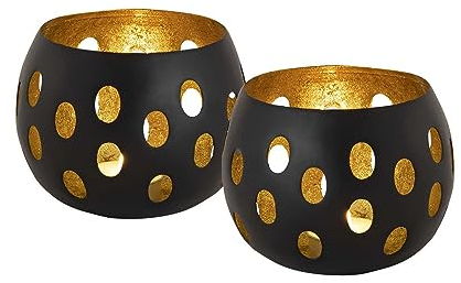 SILKMARKS® Elegante Teelichthalter im 2er-Set - Handgefertigte Dekoration in Schwarz und Gold - Atmosphärisches Lichtspiel - Vielfältige Designs - Einzigartige Geschenkidee (Sphere)