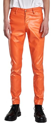 Men PU Faux Leather Trousers Slim Fit Fake Leather Wet Look Pants Orange 32