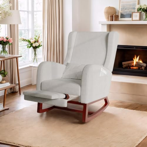 jeerbly Schaukelstuhl, Gepolsterter Stillsessel mit verstellbare Fußstütze, Lendenkissen, Rückenlehne & Armlehne, Schwingsessel Relaxstuhl für Wohnzimmer Schlafzimmer, Grau, 67 x 64 x 99 cm
