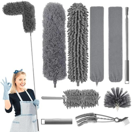 YSWOVUO Plumero Telescopico Extensible, 9 Piezas Plumero Atrapapolvo Lavable, Duster para Limpieza Techo, Telarañas, Ventiladores de Techo Alto