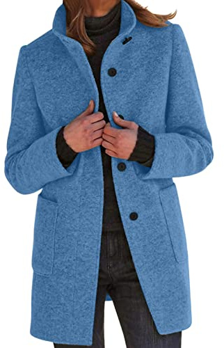 IQYU Trenchcoat dam kort ull | ulljacka dam övergångsjacka vinter övergångskappa elegant ullrock varm vinterjacka med ståkrage ull-blazer lång blazer, övergångsjackor/damjacka, Himmelsblå, M