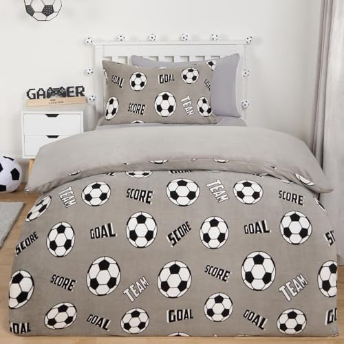 OHS Football Duvet Cover Double, Christmas Bedding Double Ultra Soft Fleece Warm Comfy Quilt Cover for Boys Football Bedding Double Duvet Cover with Pillowcases - Grey