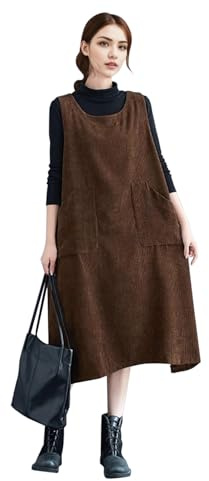Runstarshow Cordkleid für Damen, Latzkleid, Übergröße, ärmellos, Cordkleid mit Taschen, lockere Passform, niedlich, Herbst, Winter, Frühling, Übergröße, M-XXL, braun, L