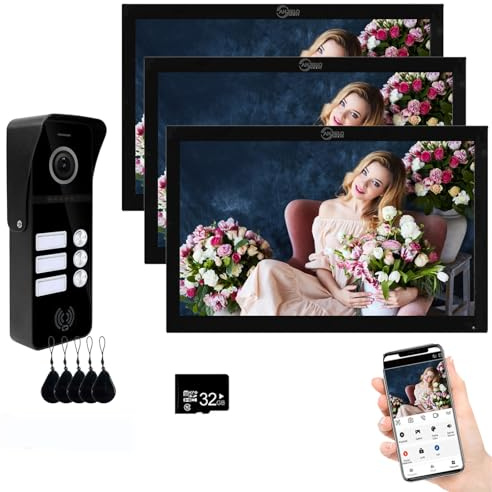 Sistema di campanello video cablato 3 unità 10 pollici monitor video citofono supporto sorveglianza, 3 in1 sblocco per casa villa (campanello nero + schermo nero)