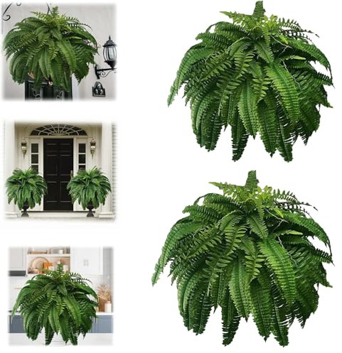 Paquete de 2 helechos de Boston artificiales resistentes a los rayos UV, nuevos helechos de Boston artificiales para exteriores, grandes helechos de Boston realistas para porche y ventana (28 hojas)