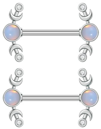 14G Opal & Crystal Nipple Barbells Tongue Ring - Hypoallergenic Stainless Steel Body Piercing Jewellery for Women, Crescent Moon & Heart Designs (Moon)