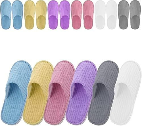 MALLOOM 12 Paires Pantoufles Invités pour Homme et Femme, Hôtel des Chaussons de Taille Générale, Pantoufles Jetables pour Hotel Spa Voyage Mariage, Chausson Spa Unisexe (6 Couleurs)