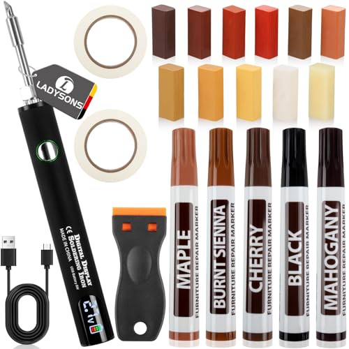 Laminat Reparaturset & Holzreparatur Set, Holz Parkett Reparaturset mit 3-Temp Heizstift, 11 Farben Hartwachs für Holzkitt Vinylboden Holzböden Möbel Arbeitsplattet Reparatur Set – Schnell & Dauerhaft