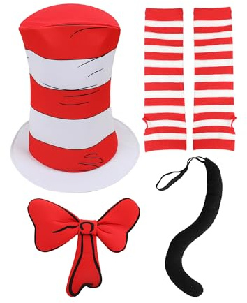 Wizland 5pcs Kid Cat Hat Kits for Read Book Day，Storybook Character Accessories with Gloves White Red Striped Hat, Bow Tie，Tail