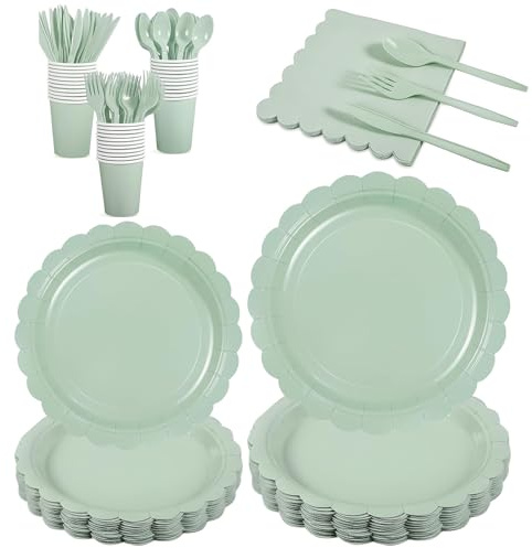ZYKORT 175 Pezzi Stoviglie per Feste Verde Set con Piatti Di Carta, Bicchieri, Tovaglioli, Coltello, Forchetta e Cucchiaio per Compleanni, Matrimoni, Baby Shower, Anniversari - 20 Ospiti