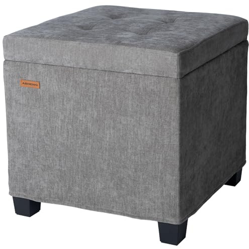 ABHENG Chenille Cover Steel Frame Ottoman with 48L Storage,17.7 x 17.7 x 17.7 Square Linen Storage Ottoman Stool Cube with Legs,for Dorm Livingroom Gray UASND641G